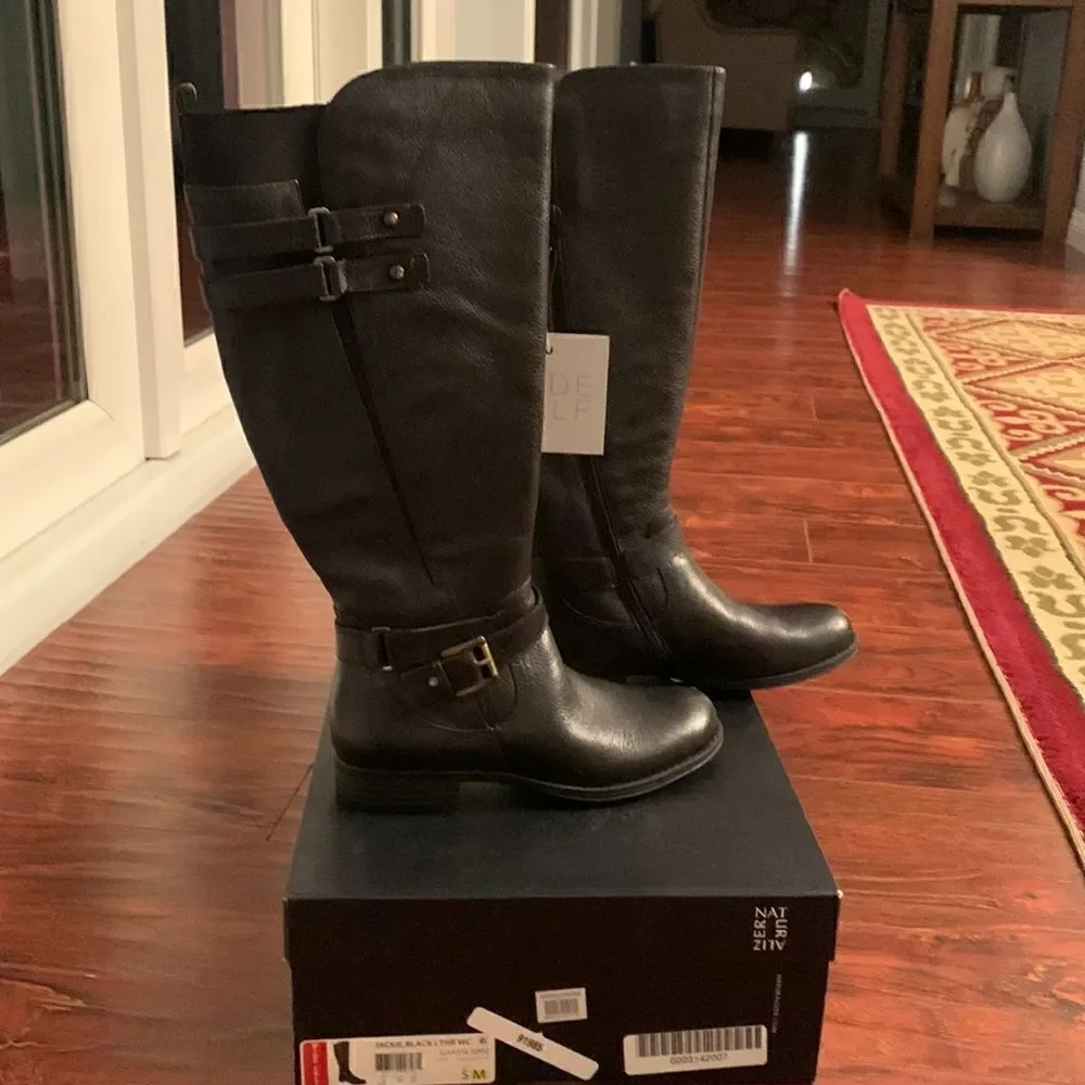 Naturalizer Women’s Jackie leather tall riding  wide calf black boot size 5, NIB